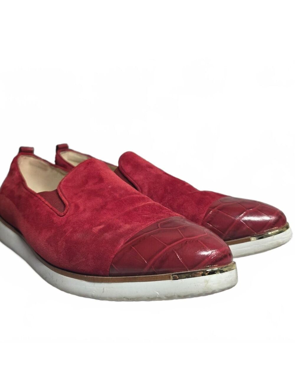Wmn's 11B Cole Haan | Red Suede Slip On Flats with Patent Cap Toe, gold trim